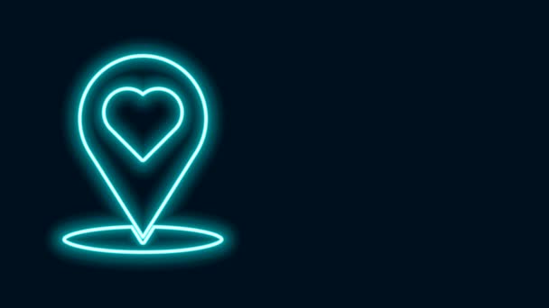 Glowing neon line Map pointer with heart icon isolated on black background. Valentines day. Love location. Romantic map pin. 4K Video motion graphic animation — Stock Video