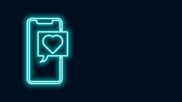 Žhnoucí neonová linka Smartphone s bublinou srdce emoji řeči dostat zprávu na ikonu obrazovky izolované na černém pozadí. Valentýn. Grafická animace pohybu videa 4K — Stock video