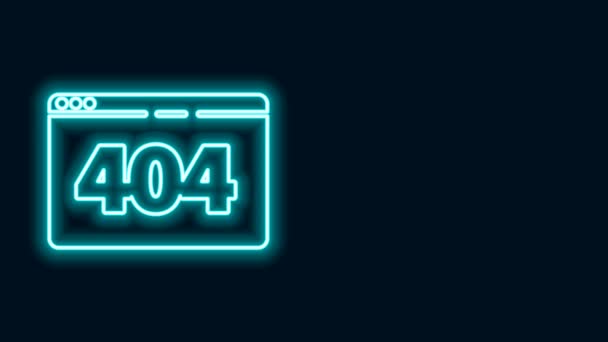 Leuchtende Leuchtschrift Seite mit einem 404 Fehlersymbol isoliert auf schwarzem Hintergrund. Template meldet, dass die Seite nicht gefunden wurde. 4K Video Motion Grafik Animation — Stockvideo