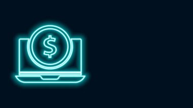Siyah zemin üzerinde dolar sembolü olan parlak neon hattı dizüstü bilgisayarı. İnternetten alışveriş konsepti. İnternetten kazanç, pazarlama. 4K Video hareketli grafik canlandırması