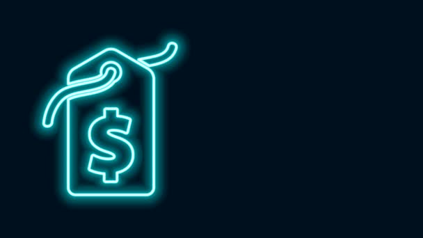 Gloeiende neon lijn prijskaartje met dollarpictogram geïsoleerd op zwarte achtergrond. Badge voor de prijs. Verkoop met dollarsymbool. Promo tag korting. 4K Video motion grafische animatie — Stockvideo