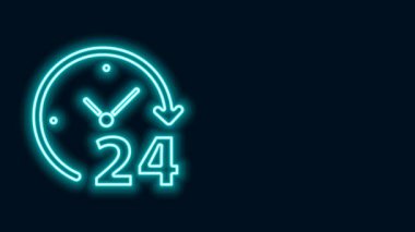 Parlayan neon hattı Saat 24 saat simgesi siyah arkaplanda izole edildi. Tüm gün döngü simgesi. 24 saat hizmet sembolü. 4K Video hareketli grafik canlandırması
