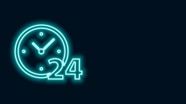 Parlayan neon hattı Saat 24 saat simgesi siyah arkaplanda izole edildi. Tüm gün döngü simgesi. 24 saat hizmet sembolü. 4K Video hareketli grafik canlandırması