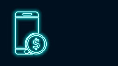 Siyah arkaplanda dolar sembolü olan parlak neon hattı Smartphone. İnternetten alışveriş konsepti. Finansal cep telefonu. Çevrimiçi ödeme. 4K Video hareketli grafik canlandırması
