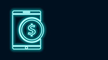 Siyah zemin üzerinde dolar sembolü olan parlak neon çizgi tableti. İnternetten alışveriş konsepti. Finansal cep telefonu. Çevrimiçi ödeme. 4K Video hareketli grafik canlandırması