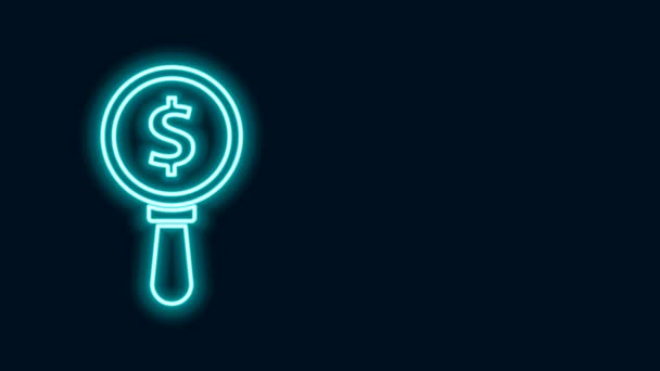 Glödande neon linje Förstoringsglas och dollar symbol ikon isolerad på svart bakgrund. Hitta pengar. Letar efter pengar. 4K Video motion grafisk animation — Stockvideo