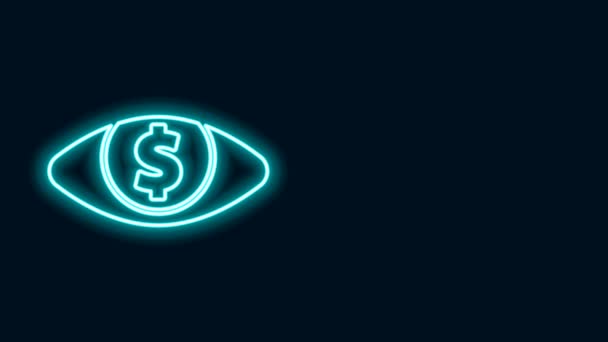 Brillante línea de neón Ojo con icono de dólar aislado sobre fondo negro. Animación gráfica de vídeo 4K — Vídeos de Stock