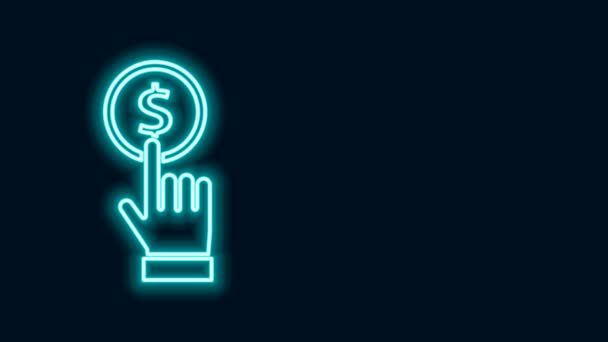 Žhnoucí neonová čára Ruka držící ikonu mince izolovanou na černém pozadí. Symbol dolaru nebo USD. Cash Banking currency sign. Grafická animace pohybu videa 4K — Stock video