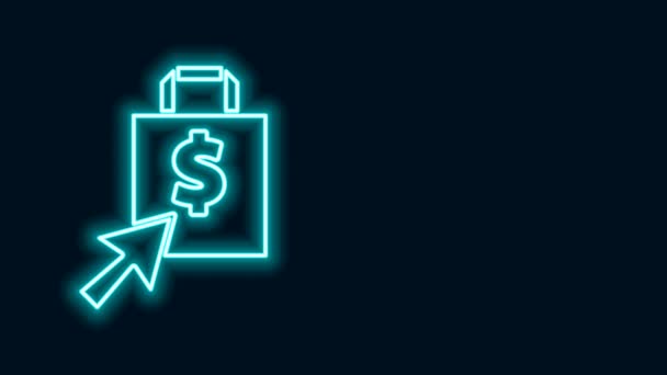 Λάμψη νέον γραμμή Shoping τσάντα και δολάριο εικονίδιο απομονώνονται σε μαύρο φόντο. Σήμα τσάντας. Γυναικείο εικονίδιο. Γυναικεία ταμπέλα. 4K Γραφική κίνηση κίνησης βίντεο — Αρχείο Βίντεο