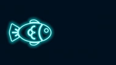 Parlayan neon hattı. Siyah zemin üzerinde balık simgesi izole edildi. 4K Video hareketli grafik canlandırması