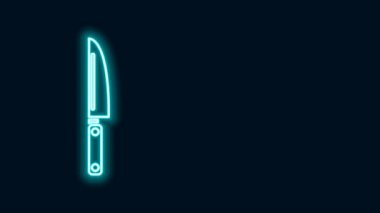 Parlayan neon çizgili bıçak simgesi siyah arkaplanda izole edildi. Çatal bıçak sembolü. 4K Video hareketli grafik canlandırması