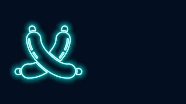 Ragyogó neon vonal Keresztezett kolbász ikon elszigetelt fekete alapon. Grillezett kolbász és aromajel. 4K Videó mozgás grafikus animáció