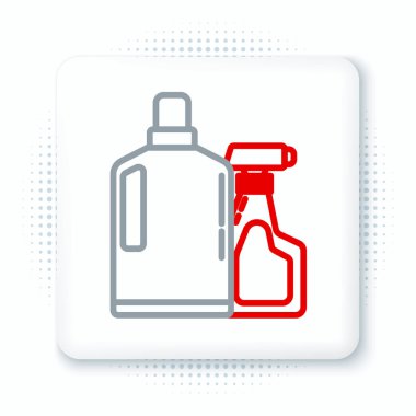 Sıvı çamaşır deterjanı, çamaşır suyu, bulaşık deterjanı ya da beyaz arka planda izole edilmiş başka bir temizlik maddesi simgesi için çizgi plastik şişeler. Renkli taslak konsepti. Vektör.