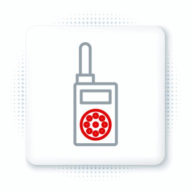 Beyaz arkaplanda hat telsizi simgesi izole edildi. Taşınabilir radyo vericisi simgesi. Radyo alıcı-vericisi işareti. Renkli taslak konsepti. Vektör.