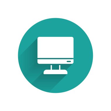 Beyaz Bilgisayar ekran simgesi uzun gölgeli izole edildi. Elektronik cihaz. Ön manzara. Yeşil daire düğmesi. Vektör İllüstrasyonu.
