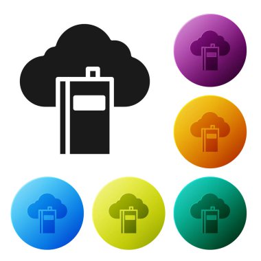 Siyah Bulut veya çevrimiçi kütüphane simgesi beyaz arkaplanda izole edildi. İnternet eğitimi ya da uzak mesafe eğitimi. Simgeleri renk daire düğmelerine ayarla. Vektör İllüstrasyonu.