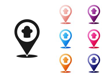 Siyah aşçı şapkası beyaz arka planda izole edilmiş konum simgesine sahip. Aşçılık sembolü. Aşçı şapkası. Simgeleri renklendirin. Vektör.