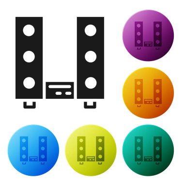 Beyaz zemin üzerinde iki hoparlör simgesi olan Black Home müzik seti. Müzik sistemi. Simgeleri renk daire düğmelerine ayarla. Vektör.