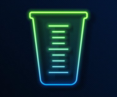 Parlayan neon çizgisi, mavi arkaplanda izole edilmiş kuru ve sıvı yiyecek ikonunu ölçmek için ölçme kabı. Plastik şişenin sapı var. Vektör.