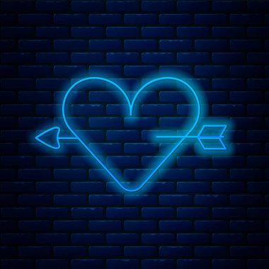 Duvarda izole edilmiş kalp ve ok ikonu olan parlak neon çizgi Amour sembolü. Aşk işareti. Sevgililer Günü sembolü. Vektör.