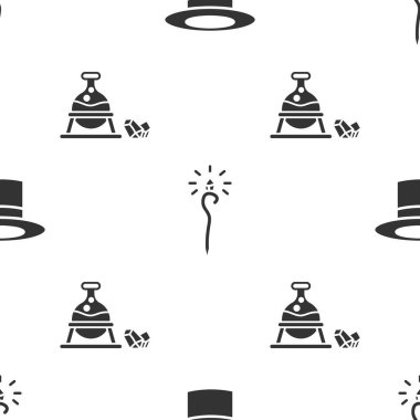 Sihirbaz şapkası, sihirli değnek, cadı kazanı ve sihirli taşı kusursuz desenlere ayarlayın. Vektör.