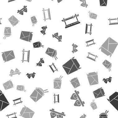 Geleneksel Japon katanası, kesim tahtasında suşi, restoran dolu paket servis kutusu ve karton kutuda Asya eriştesi ve kusursuz desenli yemek çubukları. Vektör.