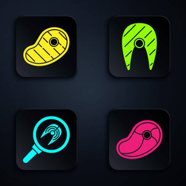 Biftek, biftek, tavada balık bifteği ve balık bifteği. Siyah kare düğme. Vektör.