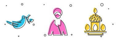 Zeytin dalı, İsa ve Paskalya pastası ve yumurta ikonu ile Barış güvercini hazırla. Vektör.