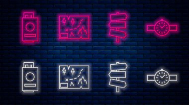 Çizgiyi konuma göre katlanmış harita, trafik levhası, biletli pasaport ve kol saati ile ayarla. Tuğla duvarda parlayan neon simgesi. Vektör.