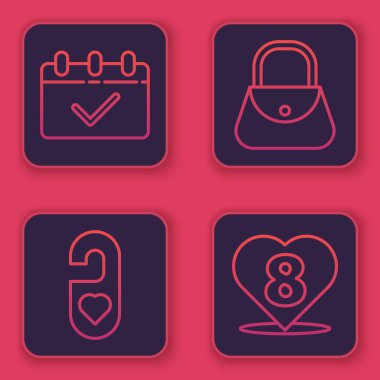 Takvimi 8 Mart 'a ayarla, lütfen kalp ile rahatsız etmeyin, el çantası ve kalp ile 8 Mart' ta. Mavi kare düğme. Vektör.