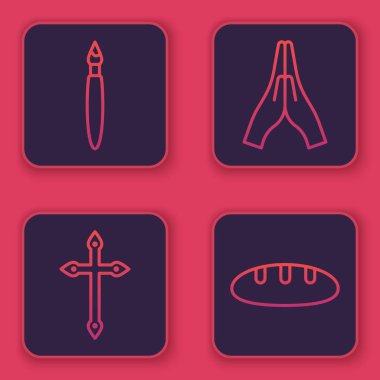 Çizgi fırçasını, Hristiyan haçını, dua eden elleri ve ekmeği yerleştir. Mavi kare düğme. Vektör.