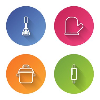 Spatula, fırın eldiveni, tencere ve iğne. Renkli daire düğmesi. Vektör.