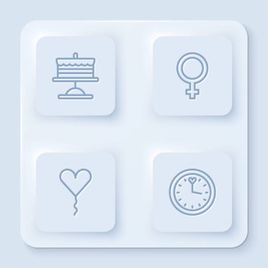 Tabakta çizgi pastası, kadın cinsiyet sembolü kalp ve saat şeklinde balon. Beyaz kare düğme. Vektör.