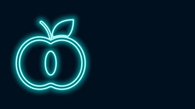 Parlayan neon çizgisi Apple simgesi siyah arkaplanda izole edildi. Yaprak sembollü meyve. 4K Video hareketli grafik canlandırması