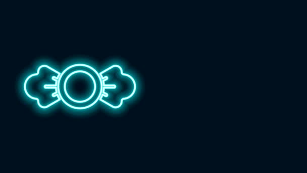 Светящаяся неоновая линия иконка конфеты выделена на черном фоне. Видеографическая анимация 4K — стоковое видео
