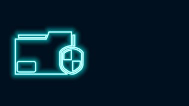 Parlayan neon hattı dosya koruma konsepti simgesi siyah arkaplanda izole edildi. Gizli bilgi ve gizlilik fikri, koruma, kalkan. 4K Video hareketli grafik canlandırması