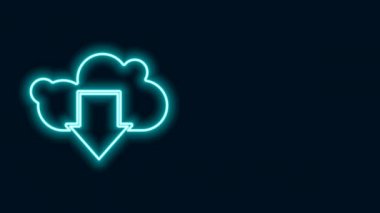 Parlayan neon hattı Bulut indirme simgesi siyah arkaplanda izole edildi. 4K Video hareketli grafik canlandırması