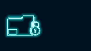 Parlayan neon hattı dizini ve kilit simgesi siyah arkaplanda izole edildi. Kapalı dosya ve asma kilit. Güvenlik, güvenlik, koruma kavramı. 4K Video hareketli grafik canlandırması