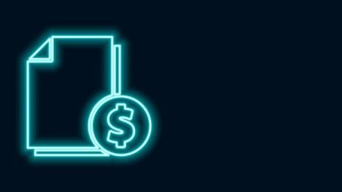 Parlayan neon hattı Finans belgesi simgesi siyah arkaplanda izole edildi. Fatura ya da fatura konsepti için dolar sikkesi olan kağıt banka belgesi. 4K Video hareketli grafik canlandırması