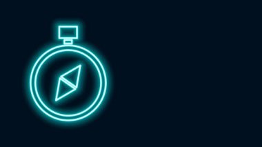 Parlayan neon hattı pusula simgesi siyah arkaplanda izole edildi. Rüzgâr yön bulma sembolü. Rüzgar gül işareti. 4K Video hareketli grafik canlandırması