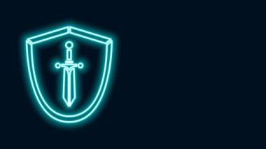 Parlak neon hattı Ortaçağ kalkanı ve siyah arka planda izole edilmiş kılıç simgesi. 4K Video hareketli grafik canlandırması