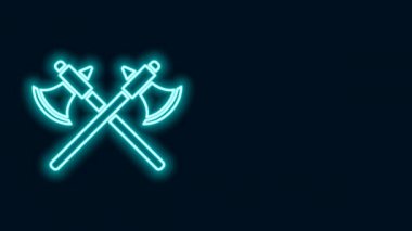 Parlayan neon hattı, siyah arkaplanda izole edilmiş ortaçağ eksen simgesini geçti. Savaş baltası, cellat baltası. 4K Video hareketli grafik canlandırması