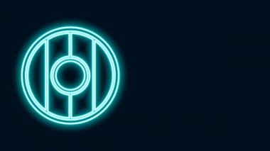 Parlayan neon çizgisi yuvarlak tahta kalkan ikonu siyah arkaplanda izole edildi. 4K Video hareketli grafik canlandırması