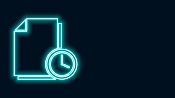 Linha de néon brilhante Documento com ícone de relógio isolado no fundo preto. Documento e contagem regressiva, prazo, cronograma, símbolo de planejamento. Animação gráfica em movimento de vídeo 4K — Vídeo de Stock