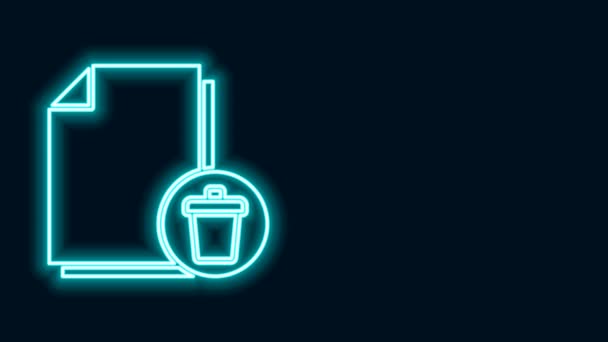 Glowing neon line Delete file document icon isolated on black background. Paper sheet with recycle bin sign. Rejected document. Cross on paper. 4K Video motion graphic animation — Stock Video