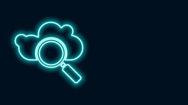 Linea neon incandescente Cerca l'icona del cloud computing isolata su sfondo nero. Lente d'ingrandimento e nuvola. Animazione grafica 4K Video motion — Video Stock