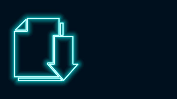 Glowing neon line Document with download icon isolated on black background. File document symbol. 4K Video motion graphic animation — Stock Video