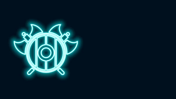 Glödande neonlinje Medeltida sköld med korsade yxor ikon isolerad på svart bakgrund. Slaget yxa, bödel yxa. 4K Video motion grafisk animation — Stockvideo