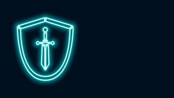 Glowing neon line Medieval shield with sword icon isolated on black background. 4K Video motion graphic animation — Stock Video