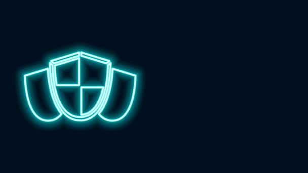 Glowing neon line Shield icon isolated on black background. Tanda penjaga. Keamanan, keamanan, perlindungan, konsep privasi. Animasi grafis gerak Video 4K — Stok Video